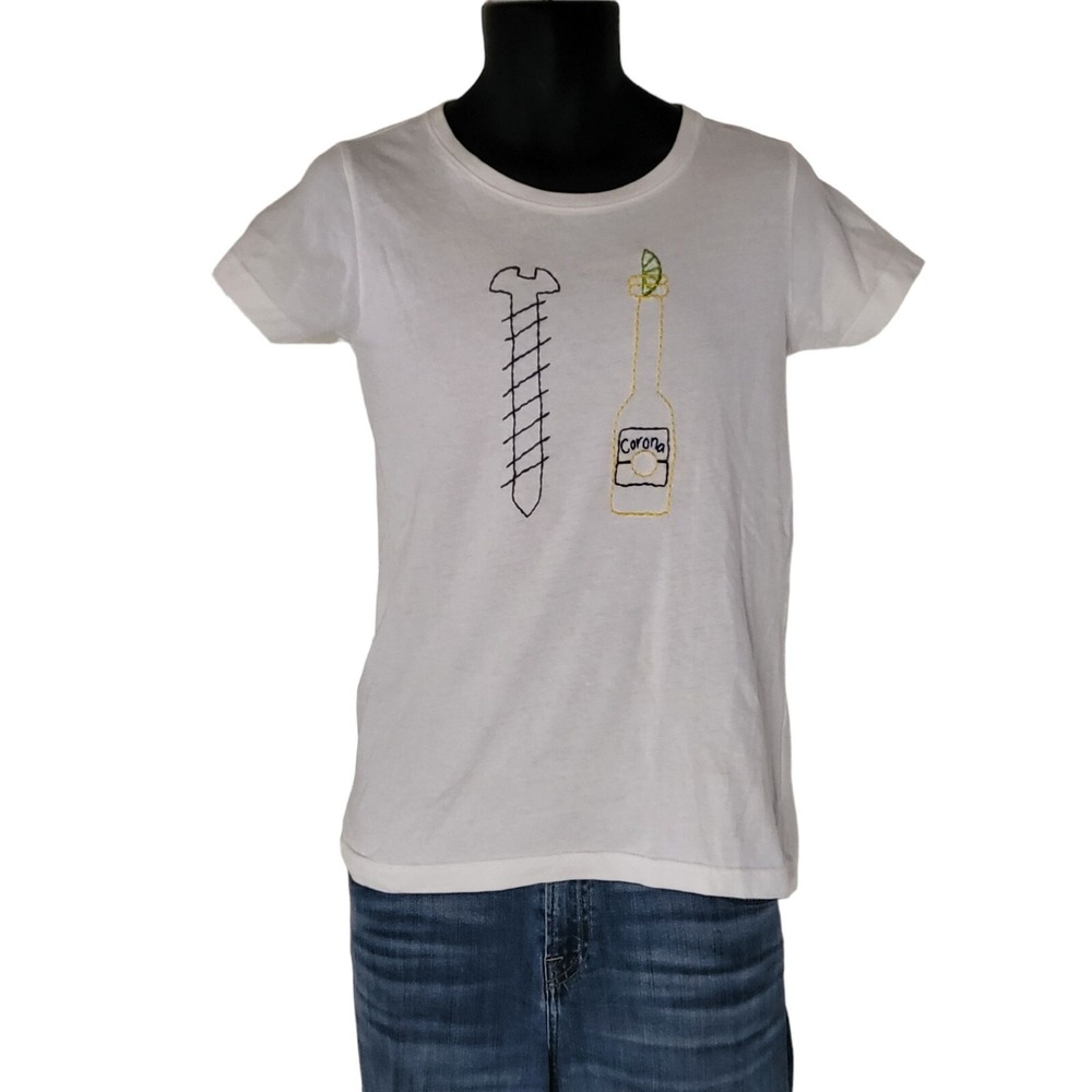 Handmade Corona Hand Stitched White T-Shirt Unisex Medium Graphic Casual Tee Top